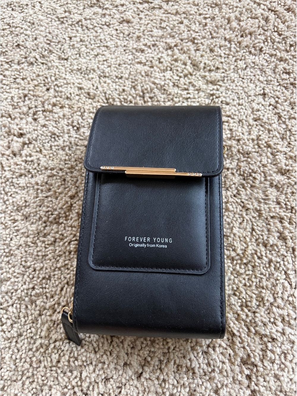 Forever Young Black Crossbody Cell Phone Purse Wallet Bag Gold Accent New
